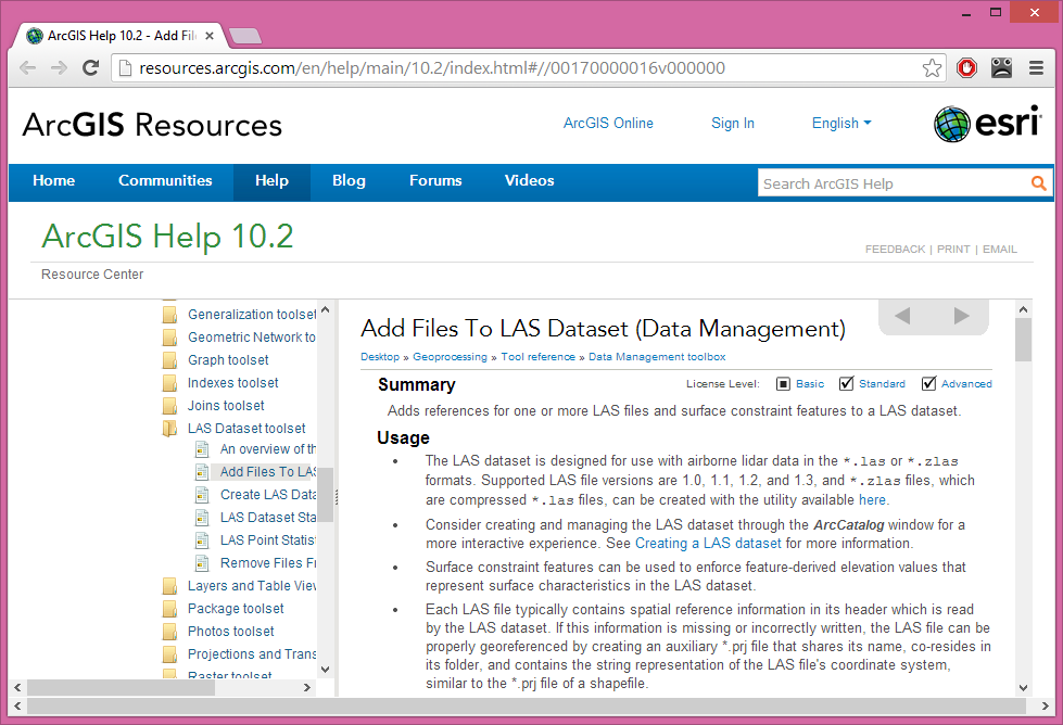 screenshot of ArcGIS 10.2 documentation