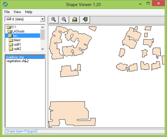 SHP file generated with lasboundary with polygons describing the buildings.