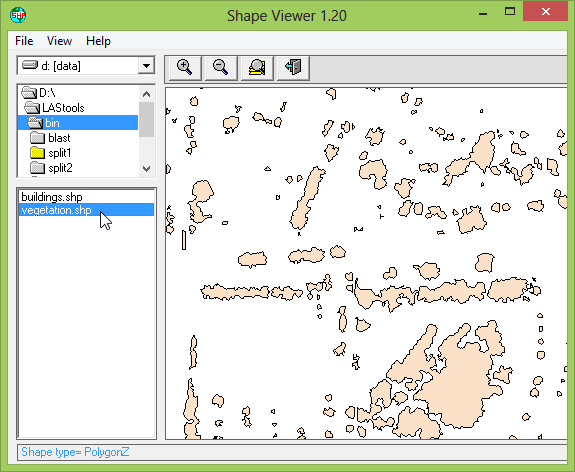 SHP file generated with lasboundary with polygons describing the vegetation.